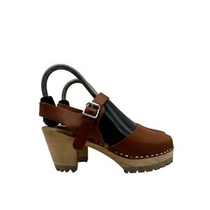 Swedish Hasbeens Tan Leather Slingback Wooden Platform Clogs Size 37 Lug Sole